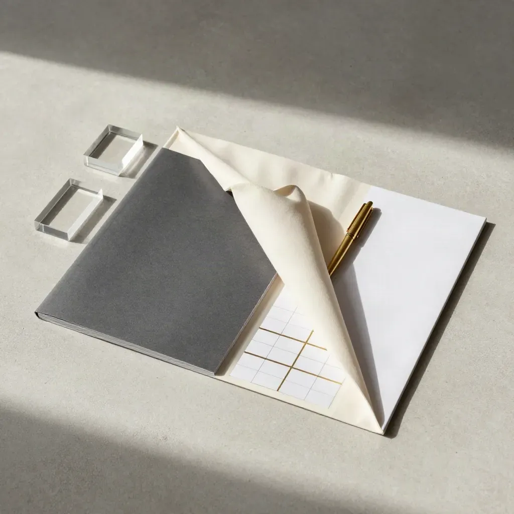 Overhead flatlay of landing page optimization materials half-buried in cream fabric with acrylic blocks.