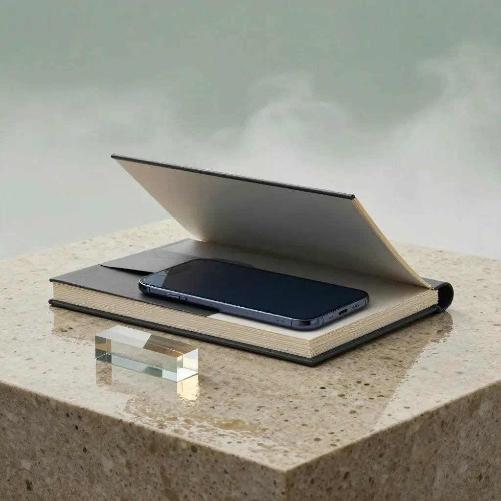 Growth audit folio kit with phone slab, inserts, envelope, prism and tabs on rain-damp stone.