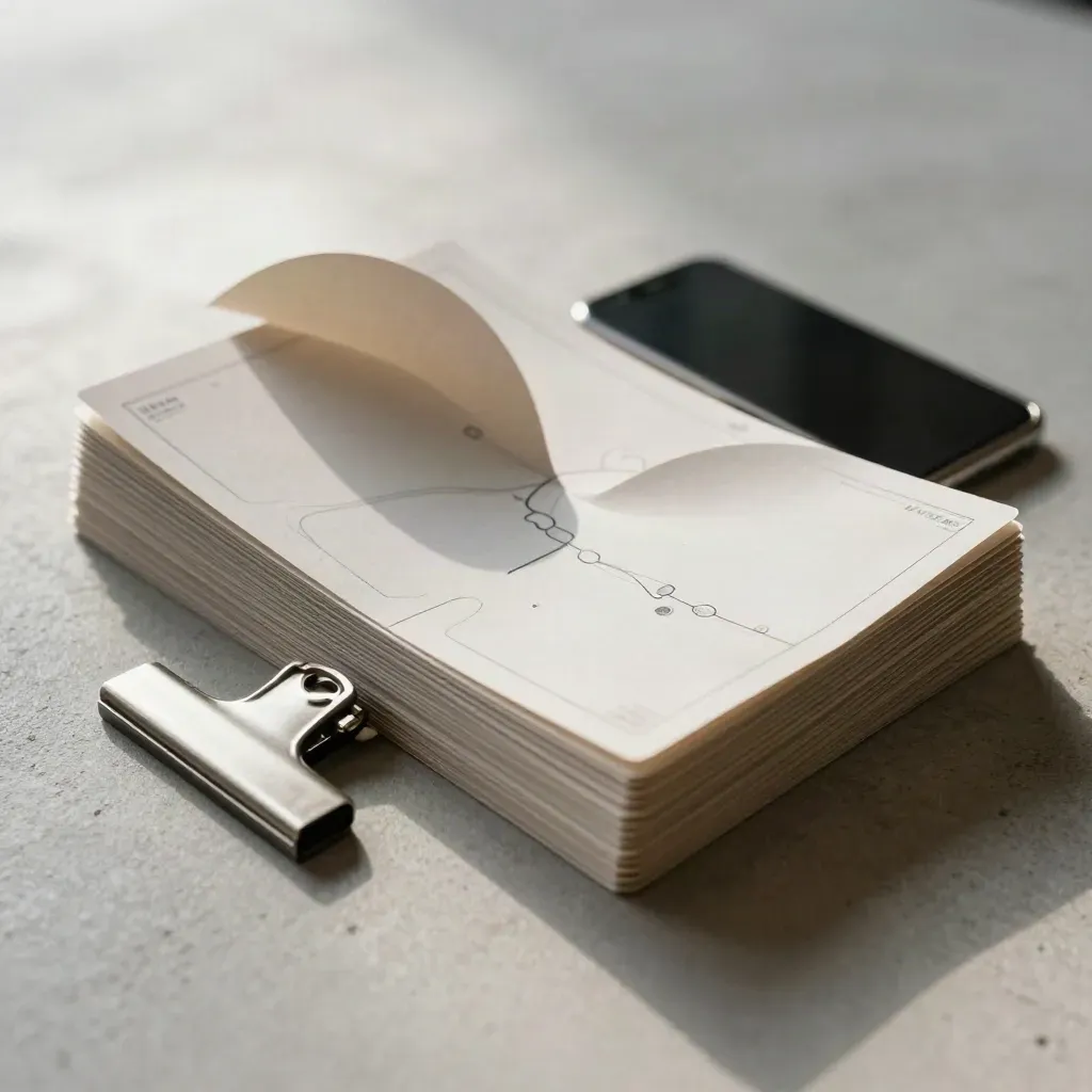 Matte planning cards, curved paper arcs, a face-down phone, and a metal clip on pale concrete.