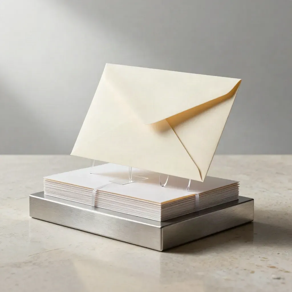 Email welcome flow bundle on brushed aluminum plinth with cards, sleeve and soft mailer