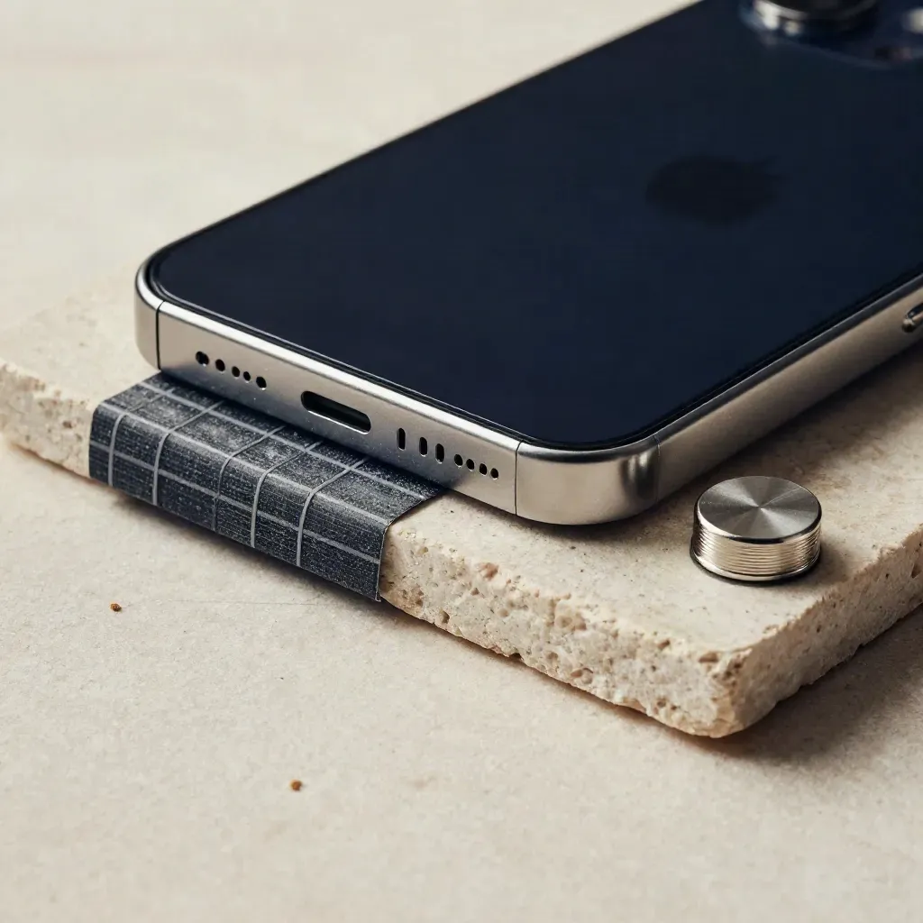 Macro of a conversion tracking kit with limestone, dark phone slab, metallic pucks, and a folded sleeve.