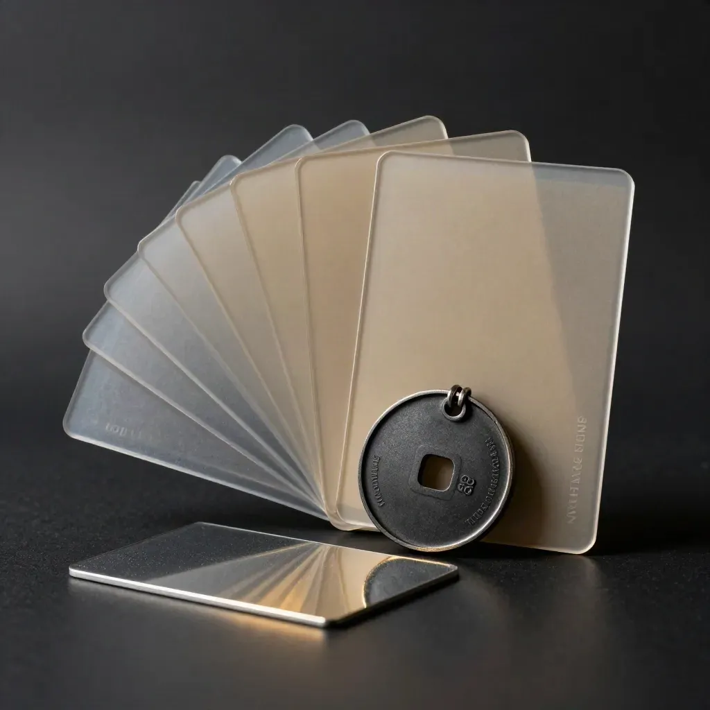 Analytics bundle with translucent cards, black token, and graphite tiles in dramatic studio light.