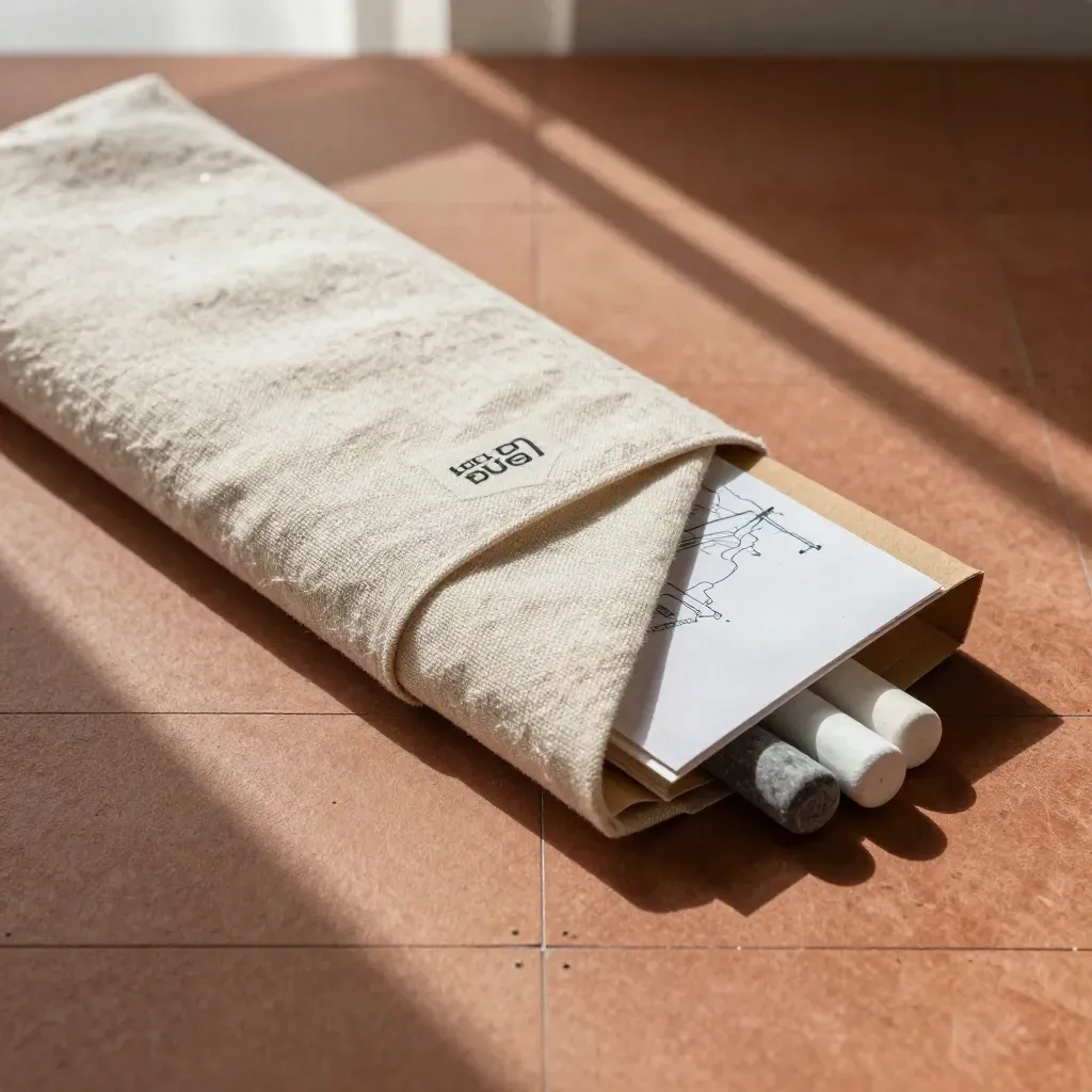 Overhead macro of a linen-wrapped SEO bundle with stone markers on warm concrete.