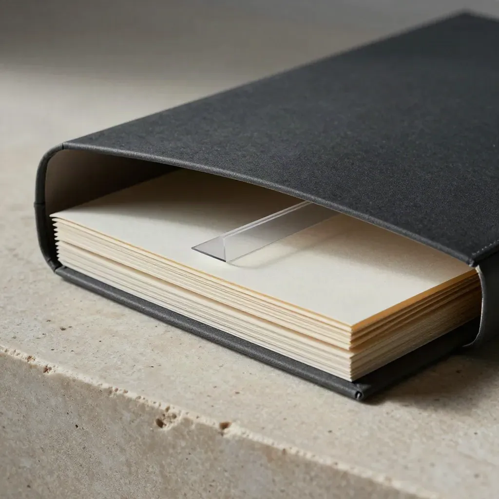 Charcoal SEO audit folio on travertine with tabbed inserts sliding partly out