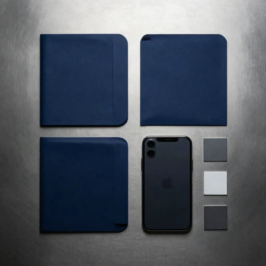 Overhead setup kit with dark sleeves, phone slab, and matte tiles on brushed steel
