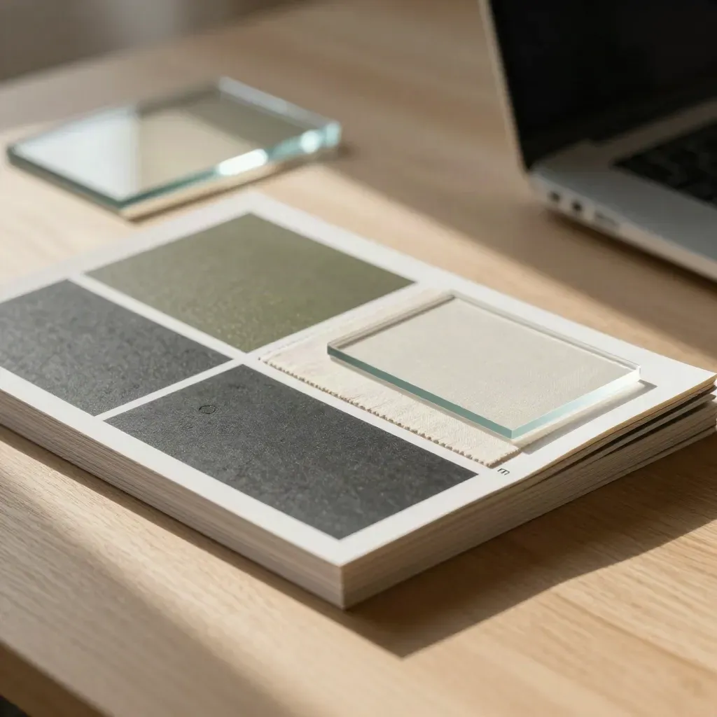 Premium Shop Page Fix bundle on pale oak with linen, glass tile, and a blurred laptop edge