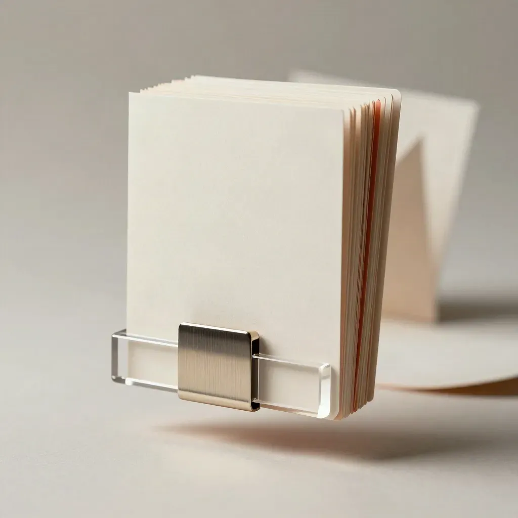 Floating stack of blank form cards with acrylic block and metal clips on a clean studio seamless.