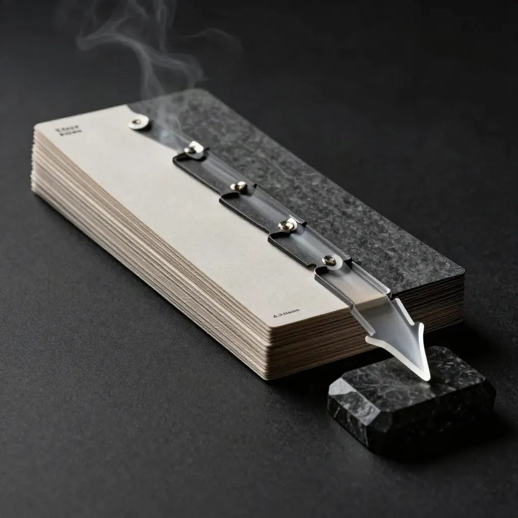 Linked planning cards and a translucent arrow on black stone in a dark studio.
