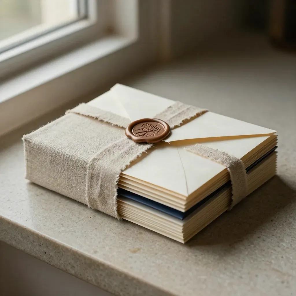 Macro of linen-wrapped email sequence pack on limestone with seal disc and folded inserts