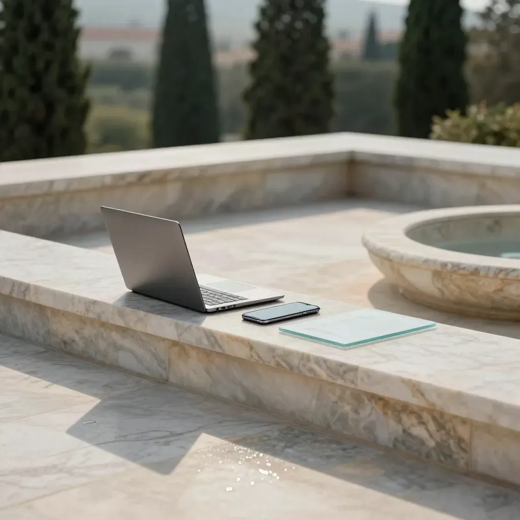 Sunlit marble courtyard with laptop, phone, basin, and cypress line