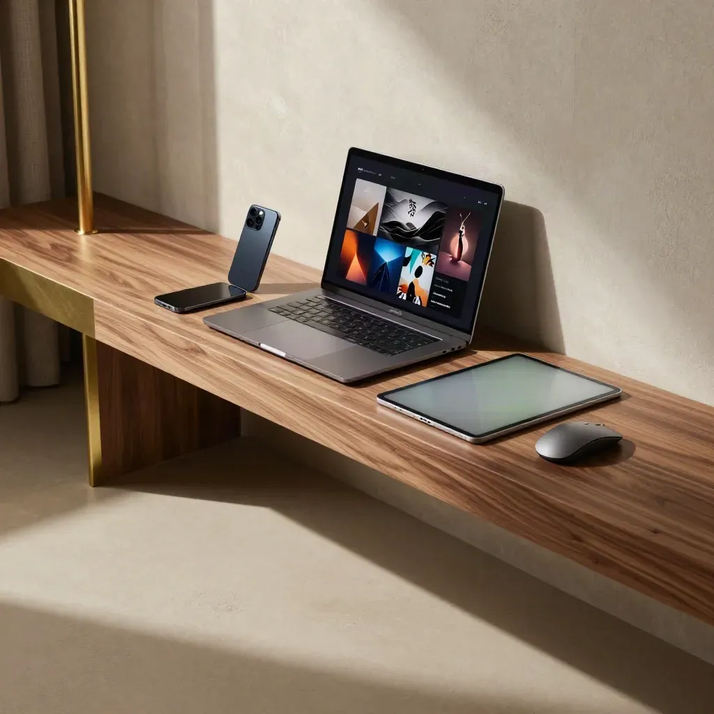 Sunlit loft workspace with laptop, phone and tablet on a walnut ledge, dust glowing in the air.