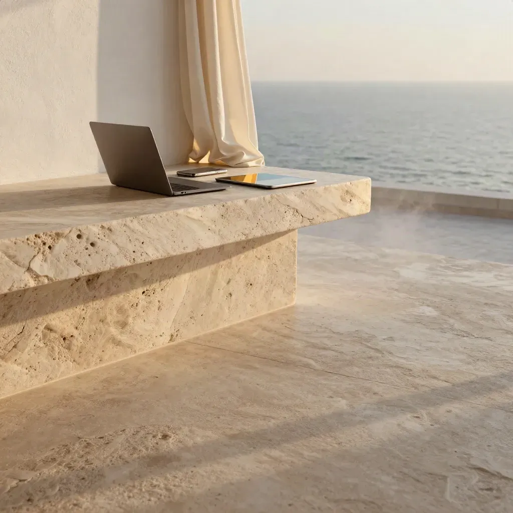 Coastal terrace with laptop, tablet, and phone in warm gold light beside the sea.