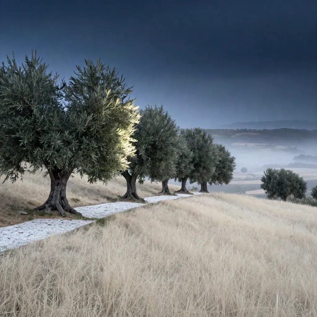 Olive grove hilltop with stone path, misty valley, and open calm foreground