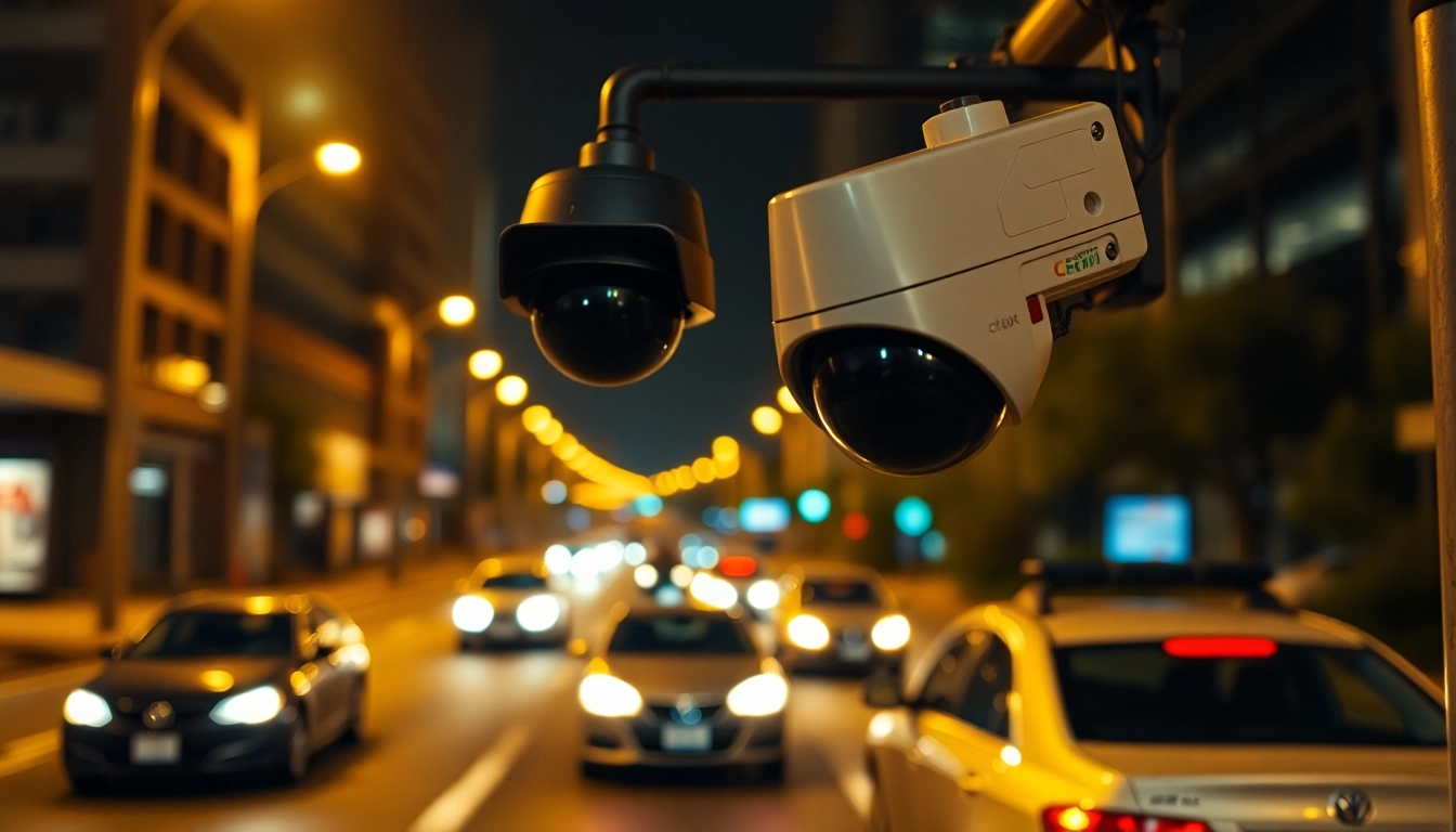 Capture of a license plate recognition camera monitoring urban traffic at night.