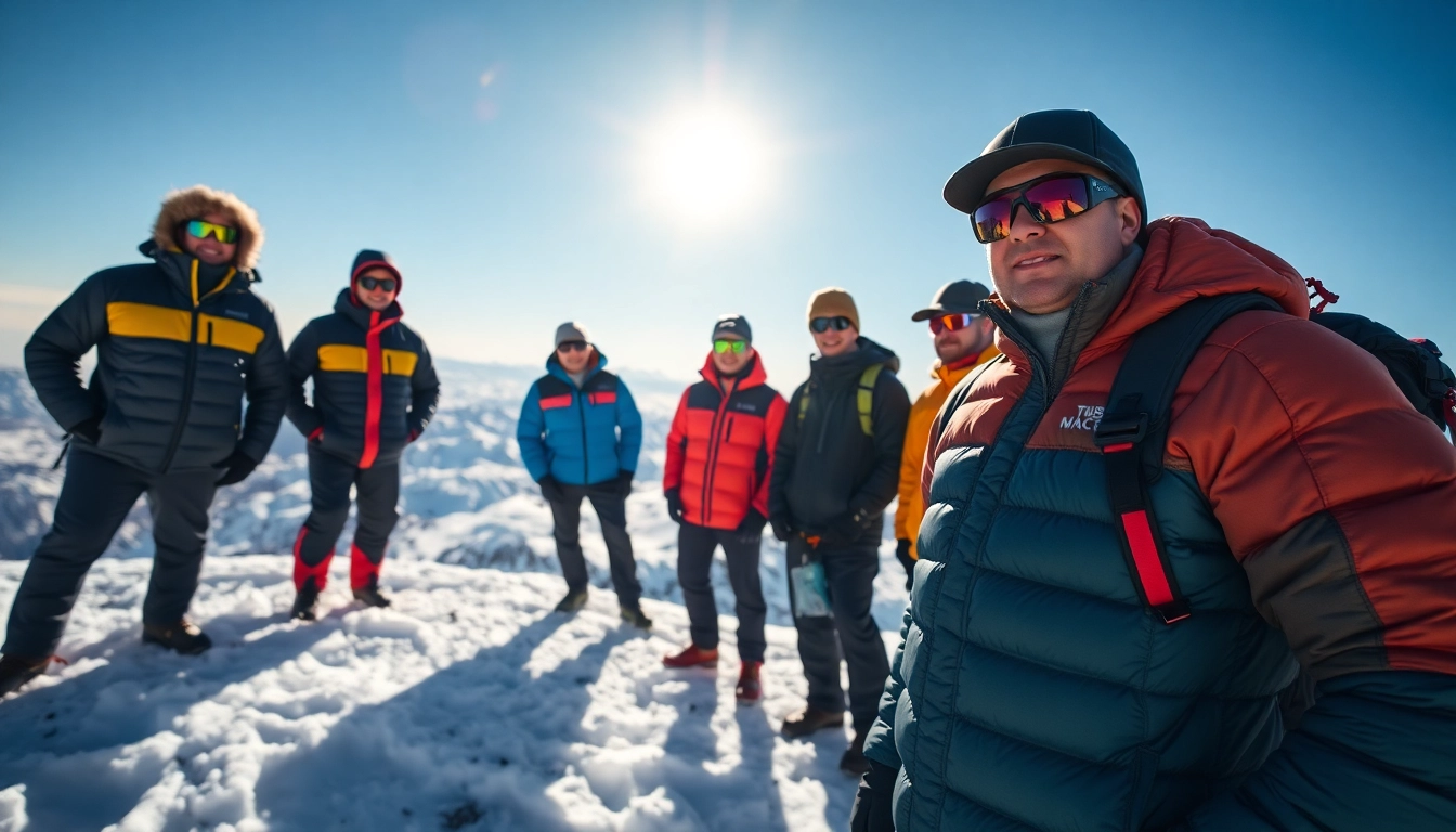 Showcasing insulated outerwear worn by outdoor enthusiasts on a snowy mountain, highlighting styles.