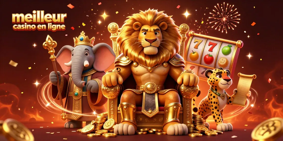 Illustration du meilleur casino en ligne avec un roi lion, un éléphant sage et un guépard messager, entourés de jetons et de confettis