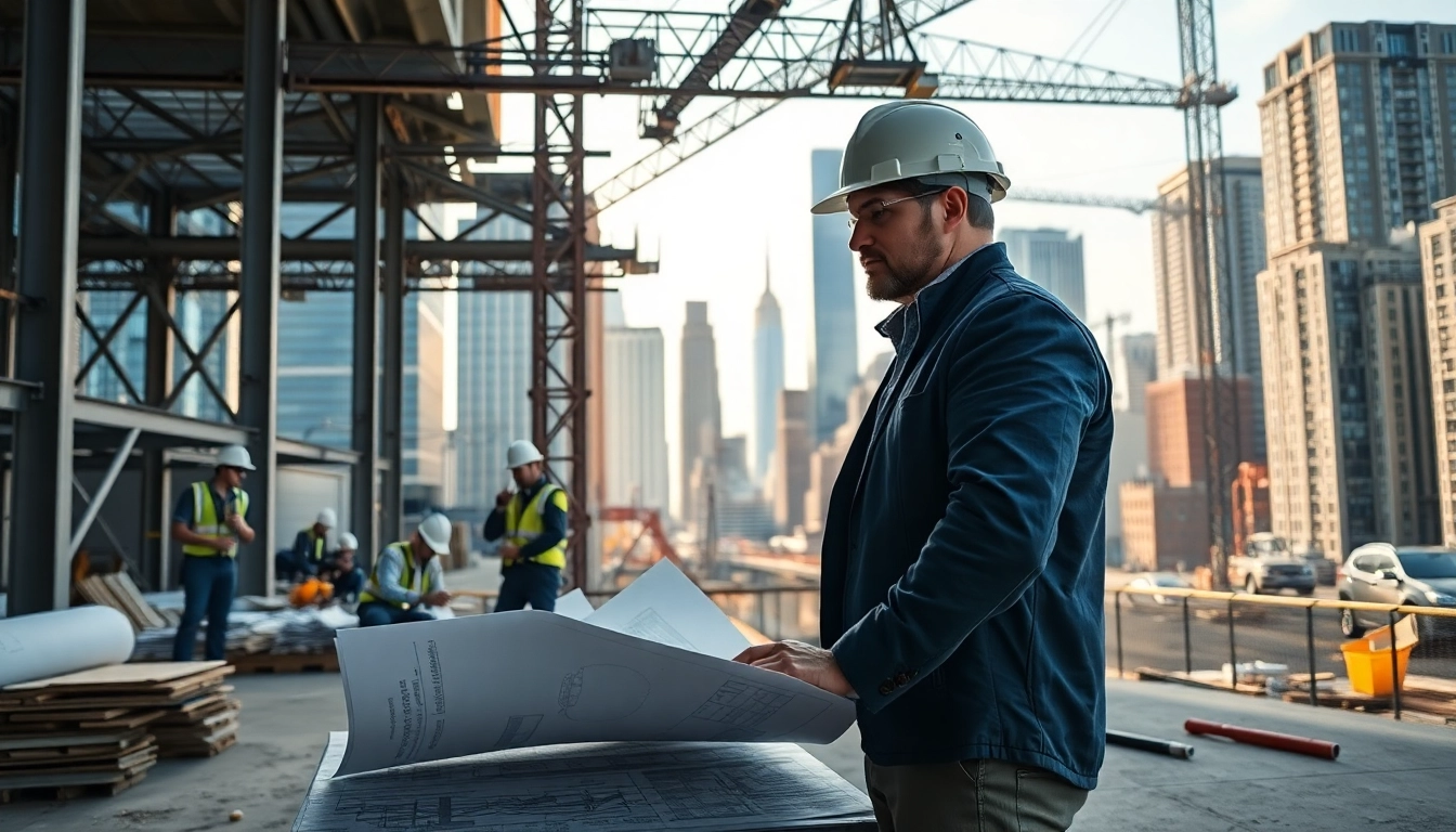 New York Commercial General Contractor supervising a vibrant construction site with blueprints and tools.