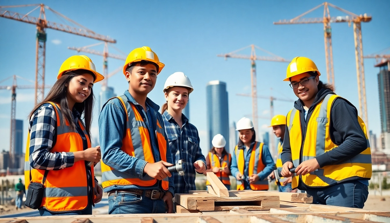 Young trainees engaged in a construction apprenticeship on-site using tools and wearing safety gear.