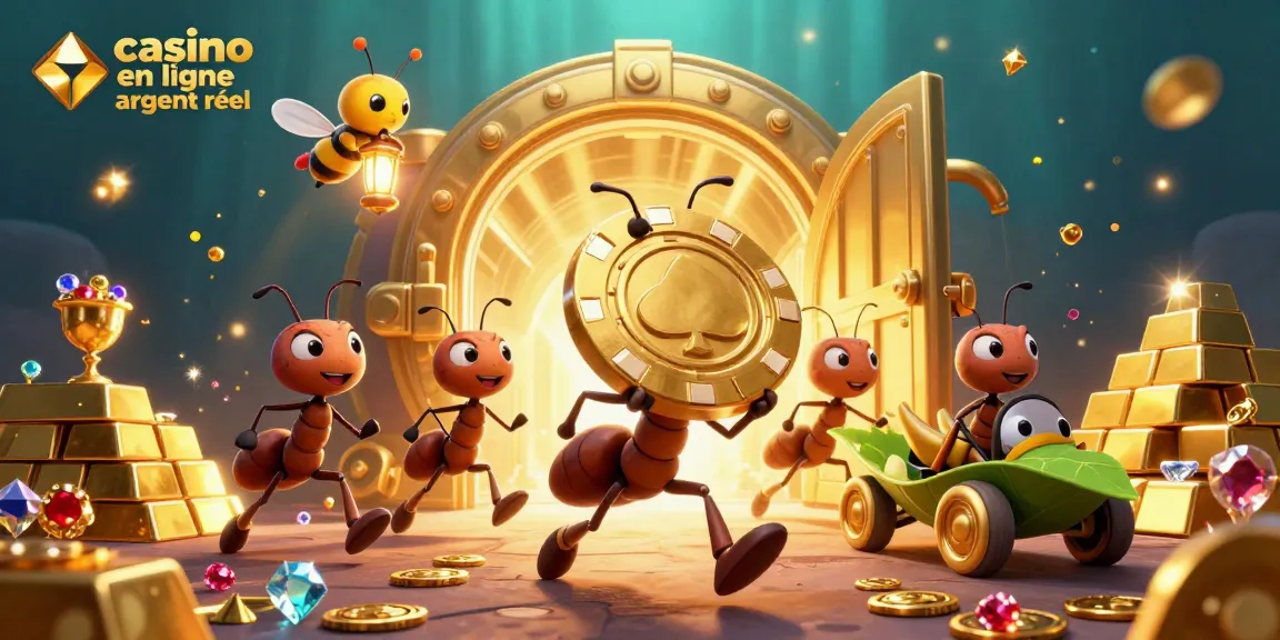 Des fourmis transportant un jeton de poker dans un tunnel, illustrant le casino en ligne argent réel.
