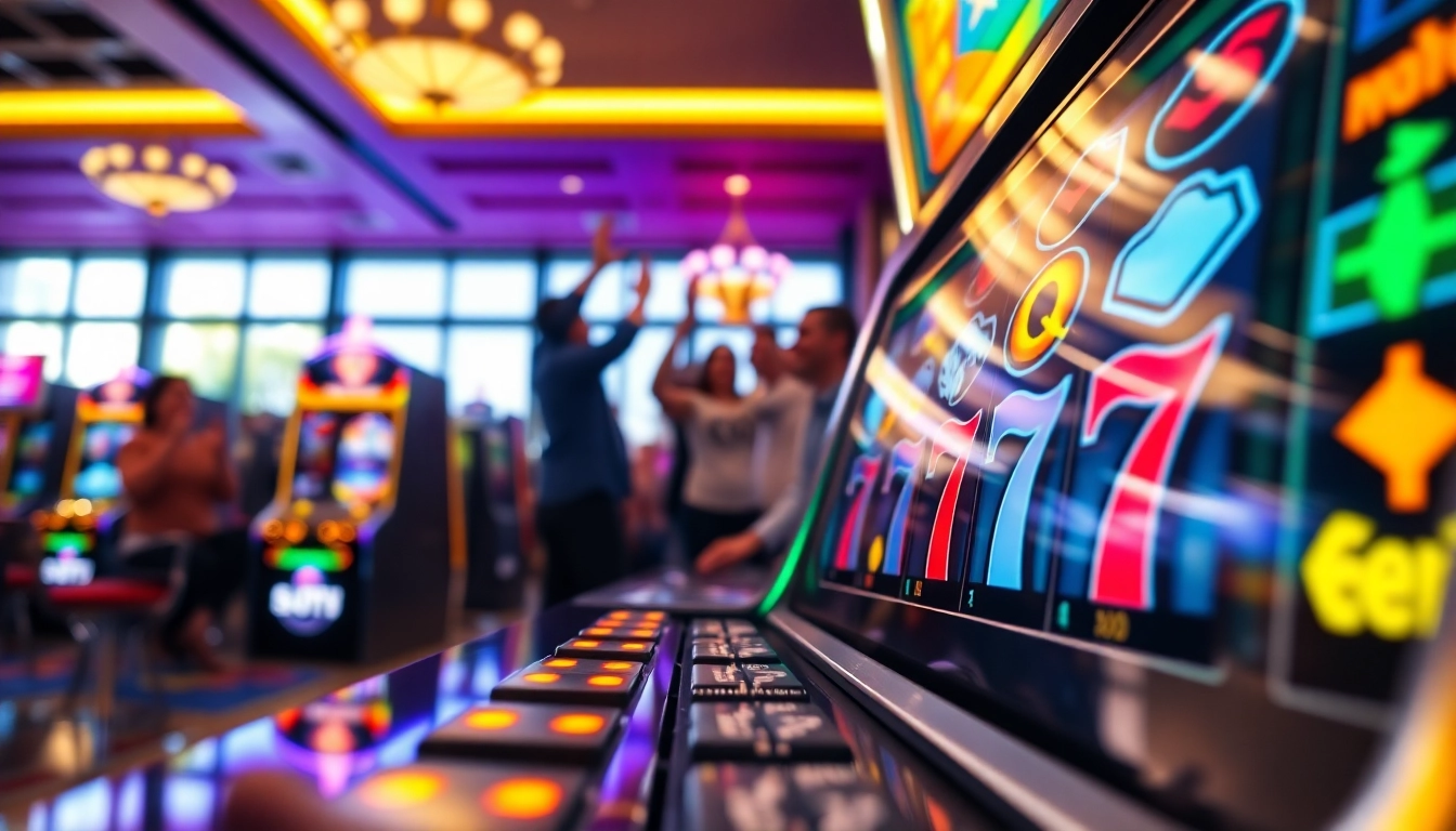 Merayakan kemenangan pada mesin slot777 dengan pemain bersemangat di kasino.