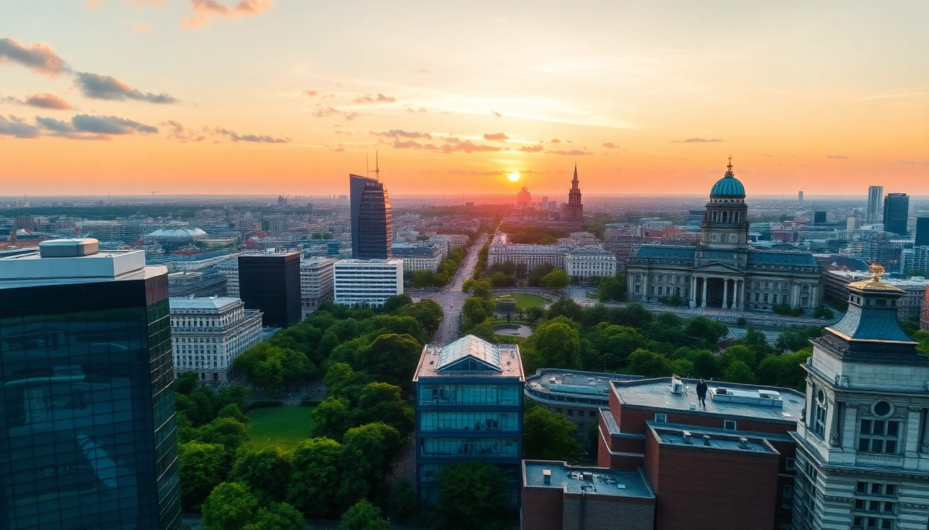 Drohnenfotos Berlin - breathtaking aerial view of Berlin’s skyline at sunset.
