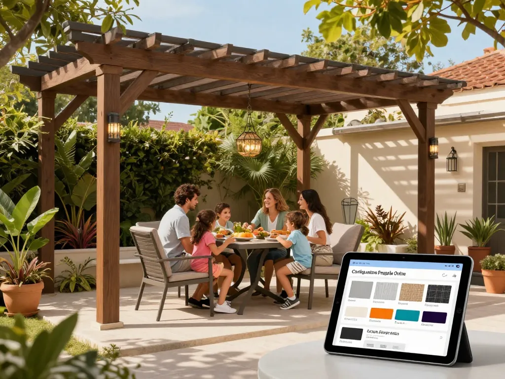 Happy family enjoying time under a custom pergola, using configuratore pergola online to design their dream outdoor space.