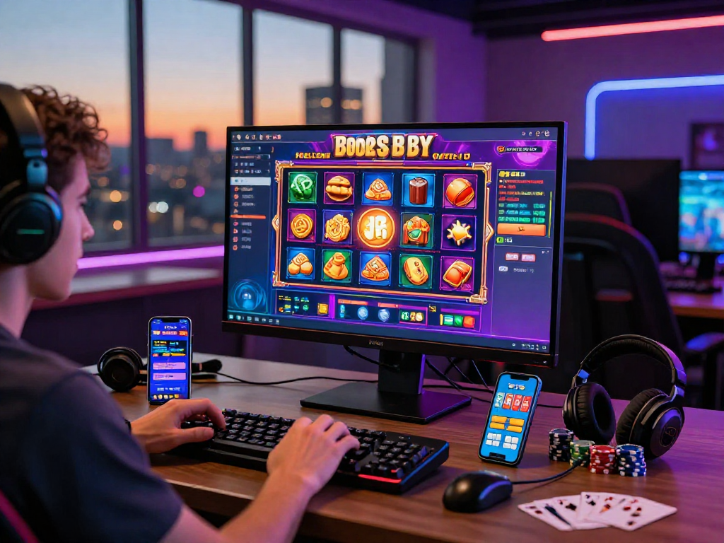 Engaging bonus buy casino experience with colorful slot games and vibrant gaming accessories.