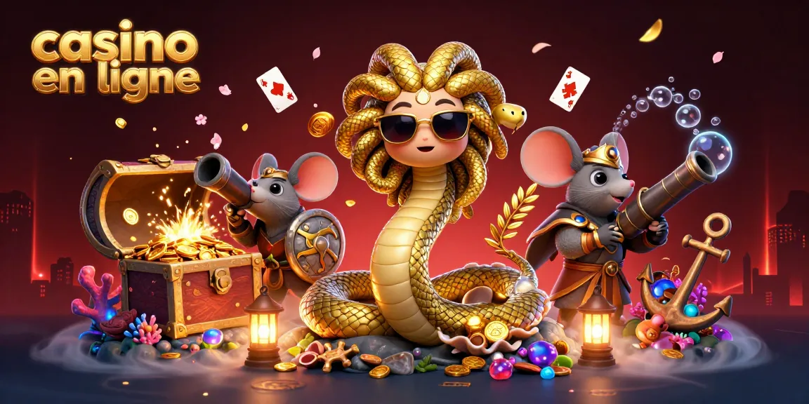Explorez un univers captivant de casino en ligne avec Méduse et un guerrier souris, entourés de trésors.