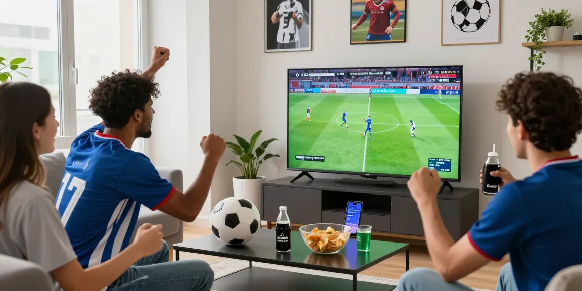 Excited fans enjoying kora live soccer match at home with snacks and décor.