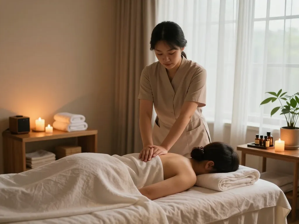 양초와 부드러운 조명이 있는 평화로운 스파 환경에서의 편안한 동대문스웨디시 마사지 요법 장면.