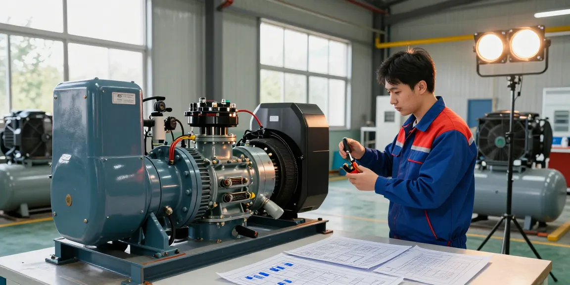 Gas generator technician inspecting equipment in an industrial workshop for clean energy solutions.