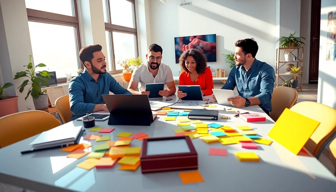 Collaborative team at a workspace brainstorming ideas for https://www.trilgameshproject.com with vibrant materials.
