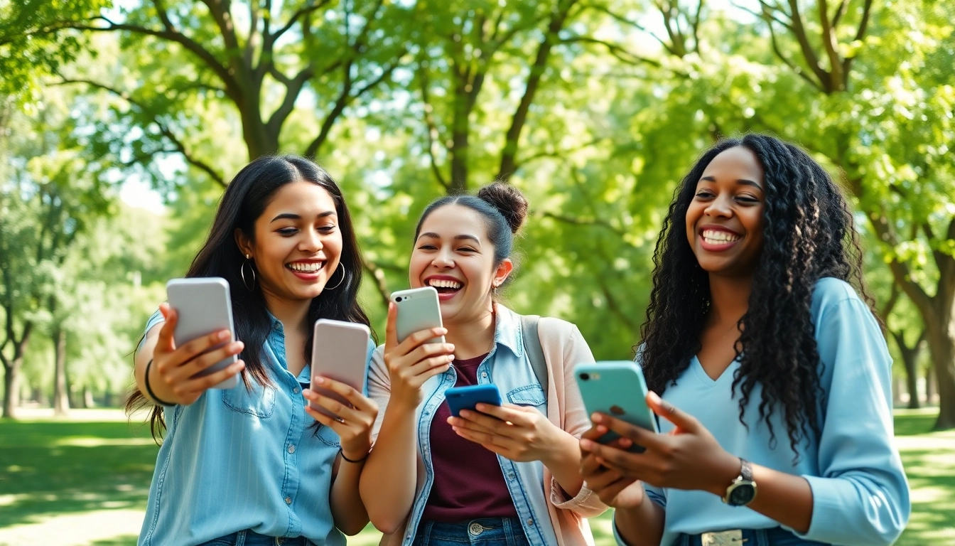 Social media girls taking selfies in a bright park setting full of laughter.