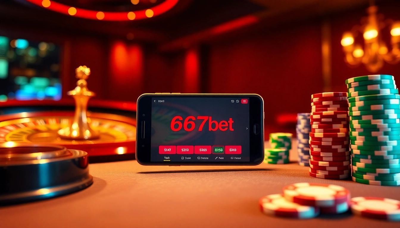 Experience the thrill of the 667bet App with dynamic casino elements like roulette and poker chips.