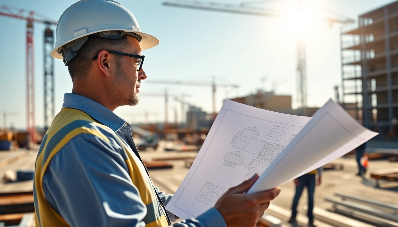 New Jersey Commercial General Contractor reviewing blueprints at a bustling construction site.