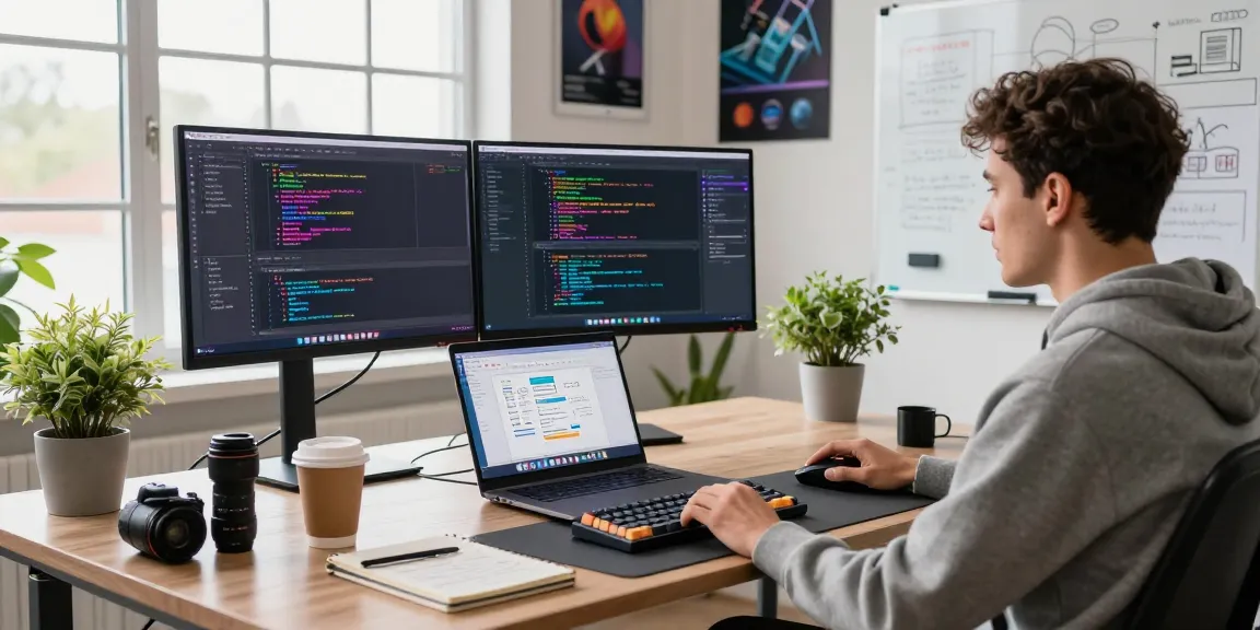 Dynamic workspace with a developer coding on multiple screens, showcasing the 纸飞机下载 application in a modern tech environment.