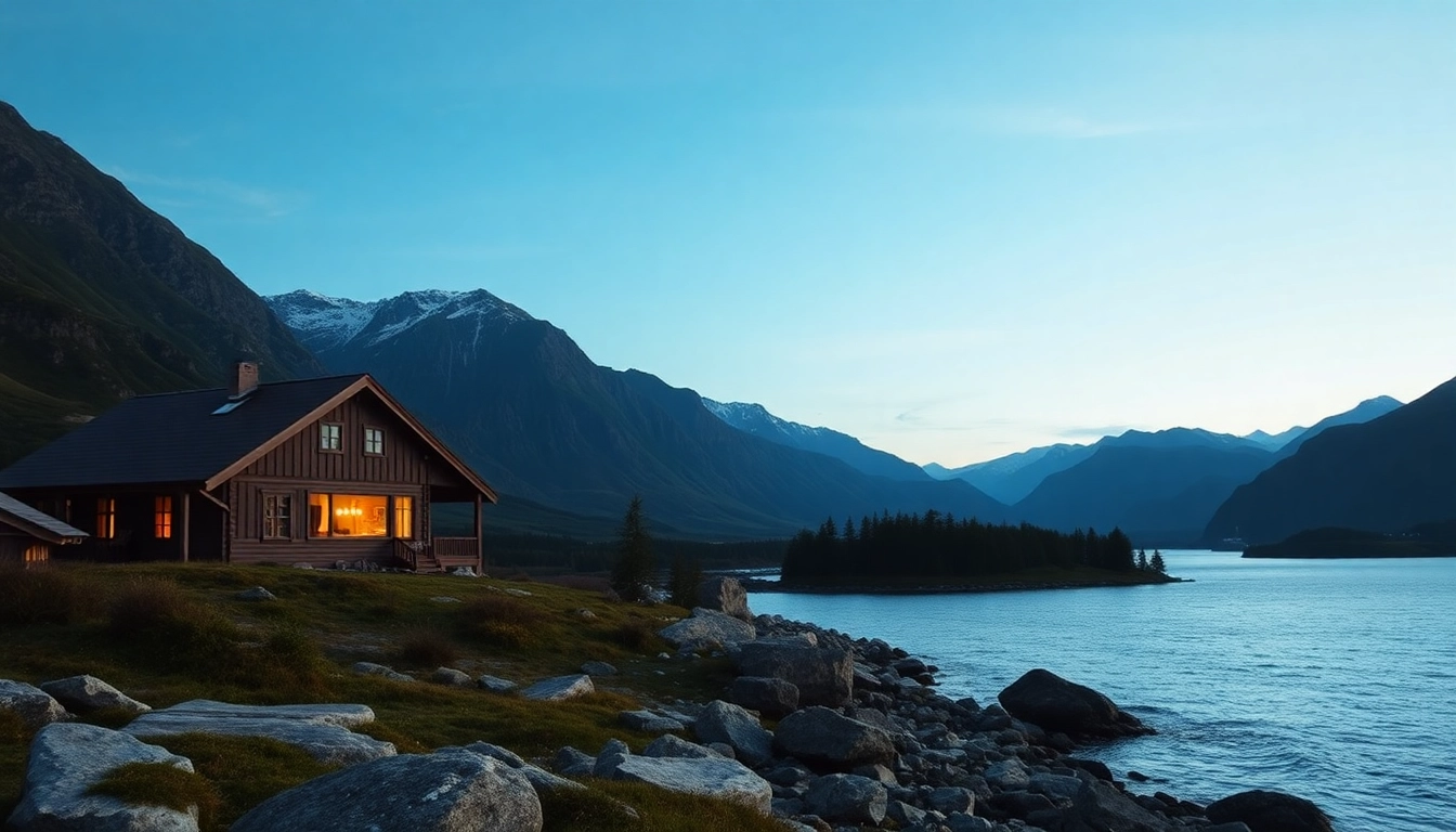 Scandia's picturesque landscape with a cozy cabin, fjord, and distant mountains under clear skies.