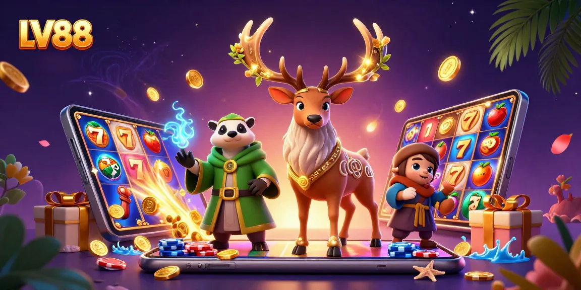 Experience thrilling LV88 casino action with colorful slots, druid characters, and gold coins exploding.