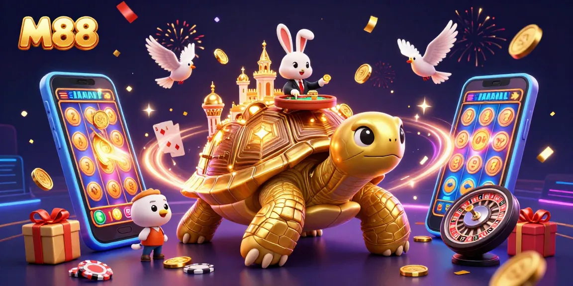 M88 energizes online gambling with a vibrant scene featuring a whimsical golden tortoise casino.