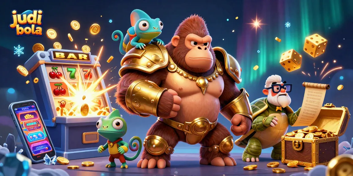 Engage in judi bola excitement with a colorful, action-packed casino scene featuring a gorilla king.
