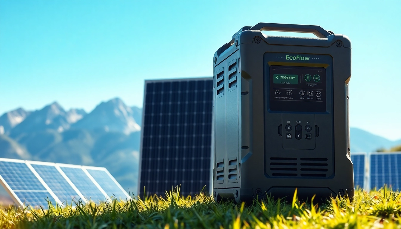 EcoFlow power station showcased outdoors with solar panels, illustrating eco-friendly energy.