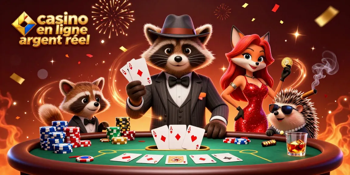 Le raton laveur élégant dans un casino en ligne argent réel, avec des jeux de poker animés.
