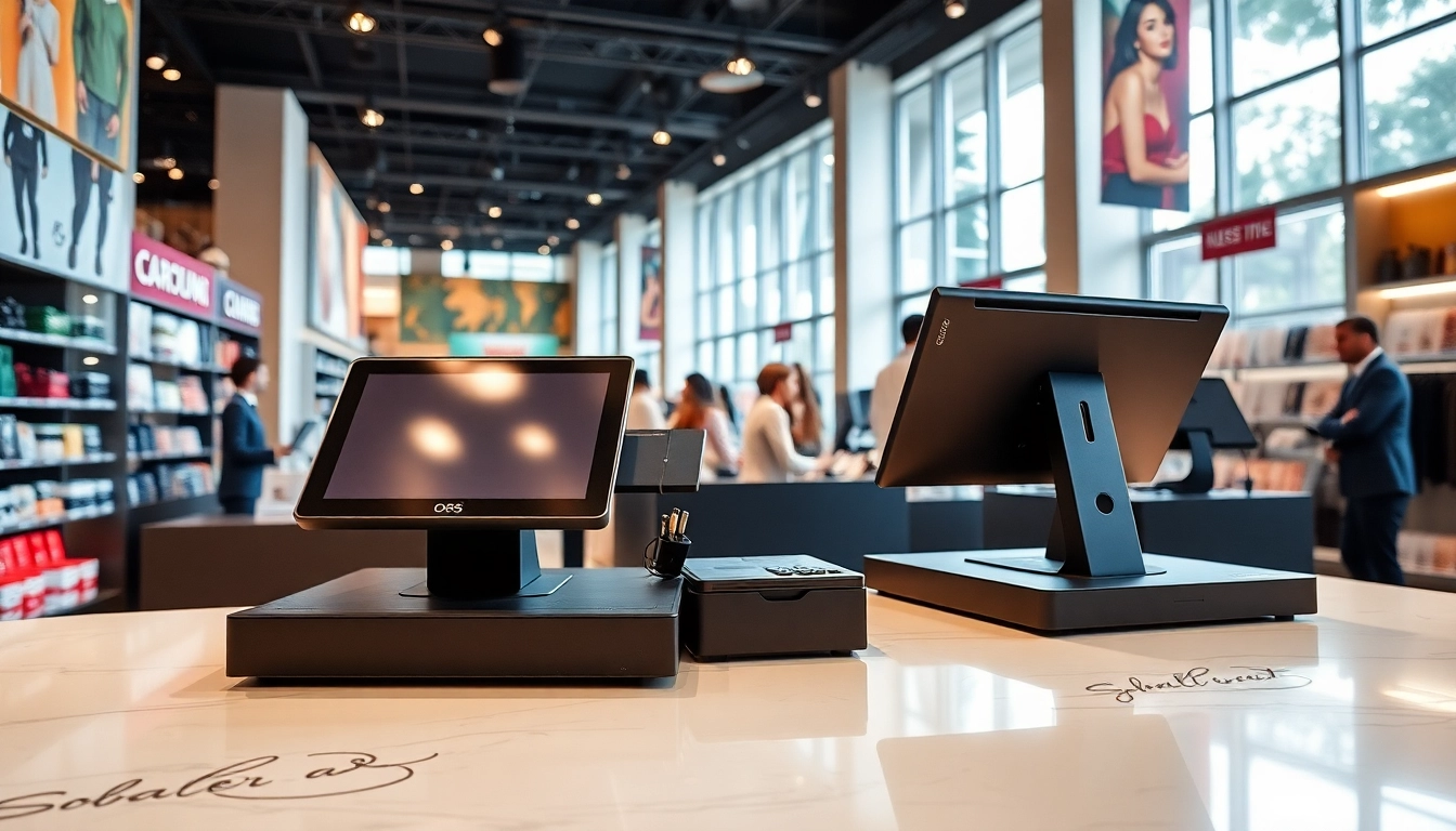 Showcasing a modern POS system setup with sleek hardware in a vibrant retail environment.
