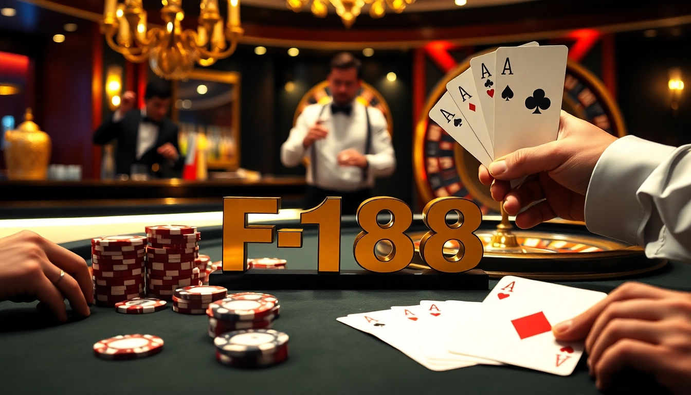F168 casino scene with poker chips, cards, and roulette wheel, capturing the excitement of gambling.