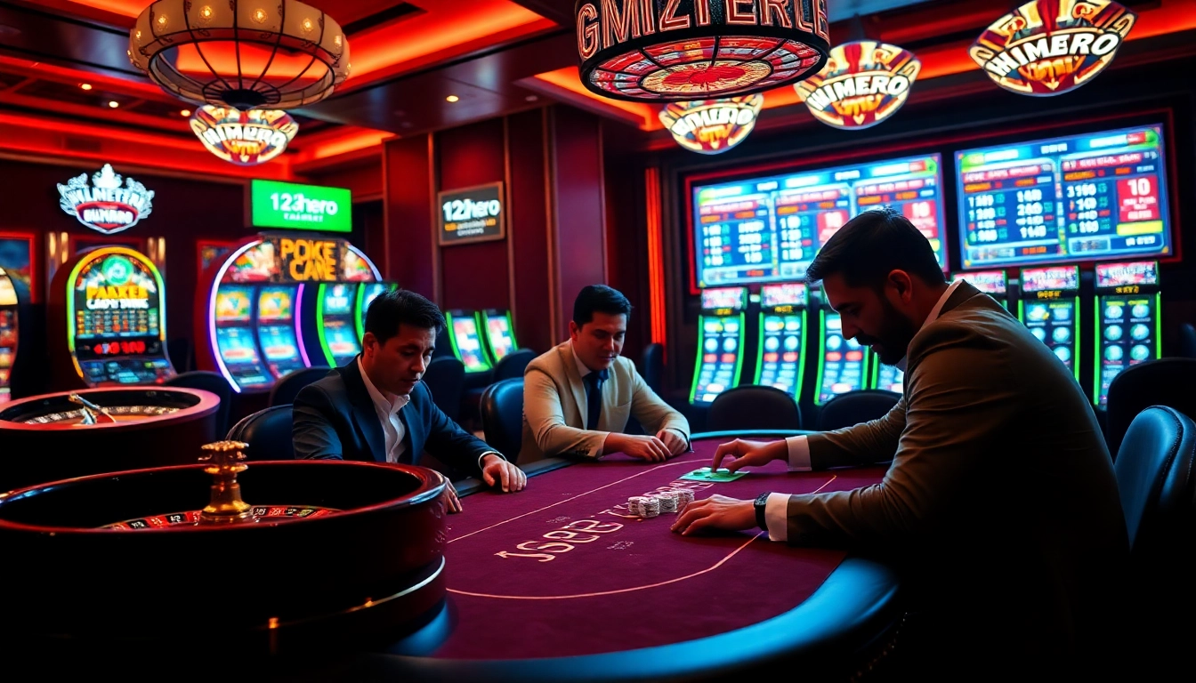 Professional players strategizing at a poker table in a 123hero branded casino.