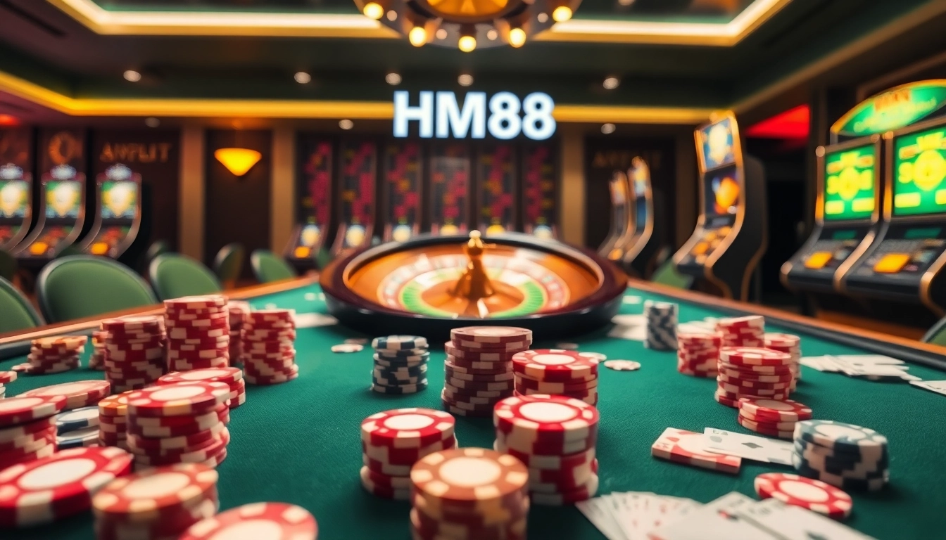 Experience thrilling gameplay at HM88 with enticing casino tables and vibrant slot machines.
