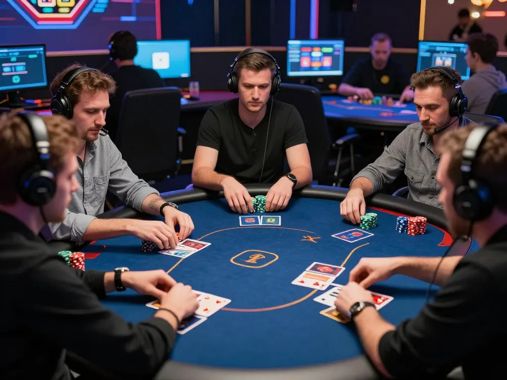 Engaged players strategizing with top quality widgets during an online poker tournament, showcasing competitive gameplay.