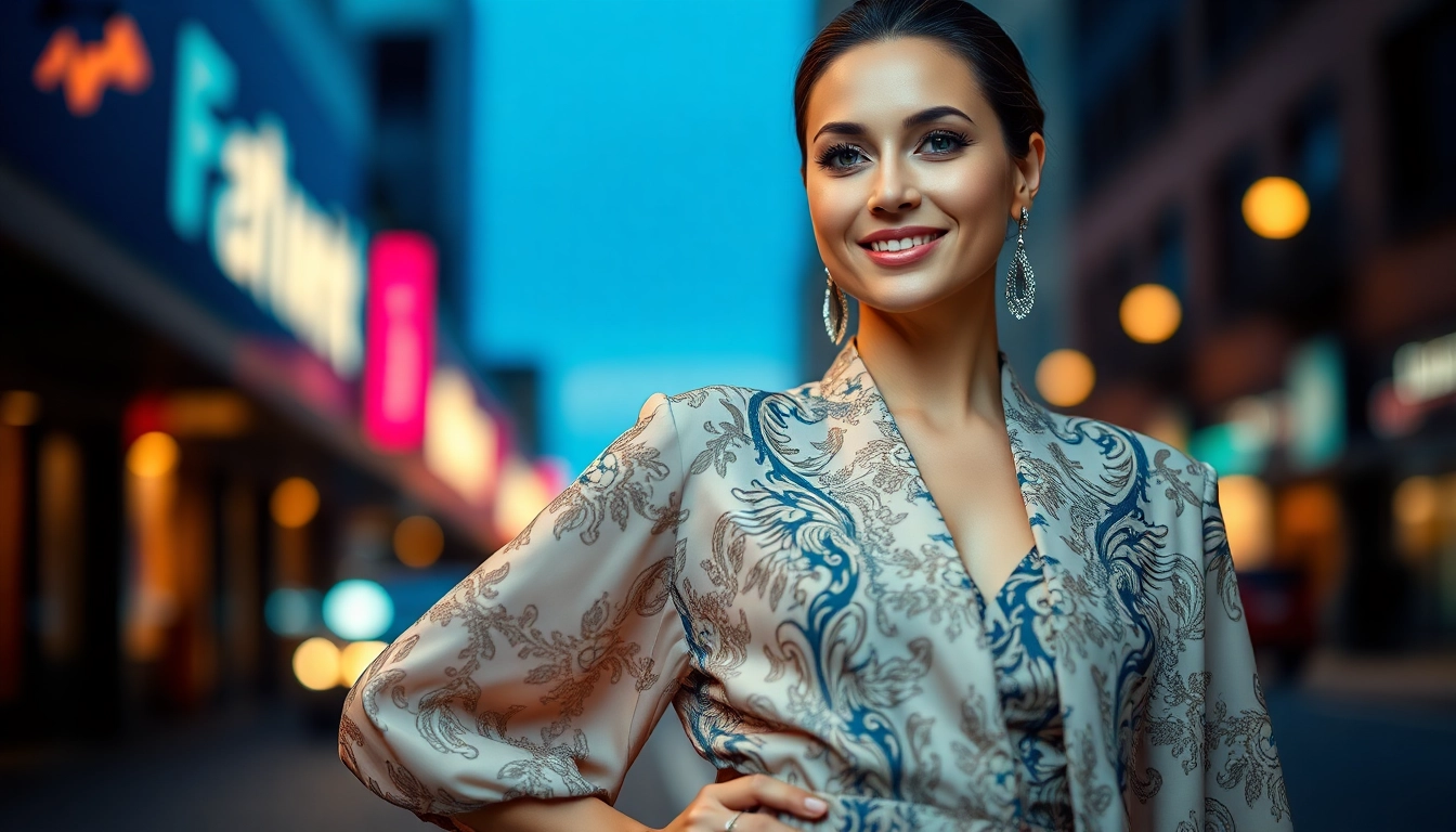 Showcase vibrant women fashion with a stylish dress and urban backdrop