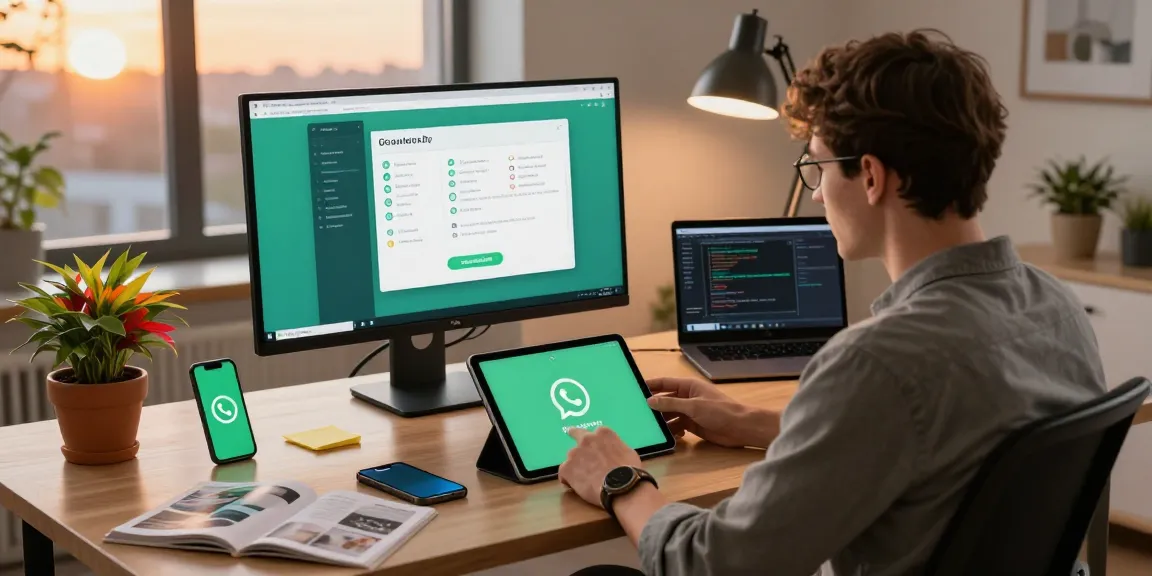WhatsApp下載 on a tablet by a professional in a modern tech workspace