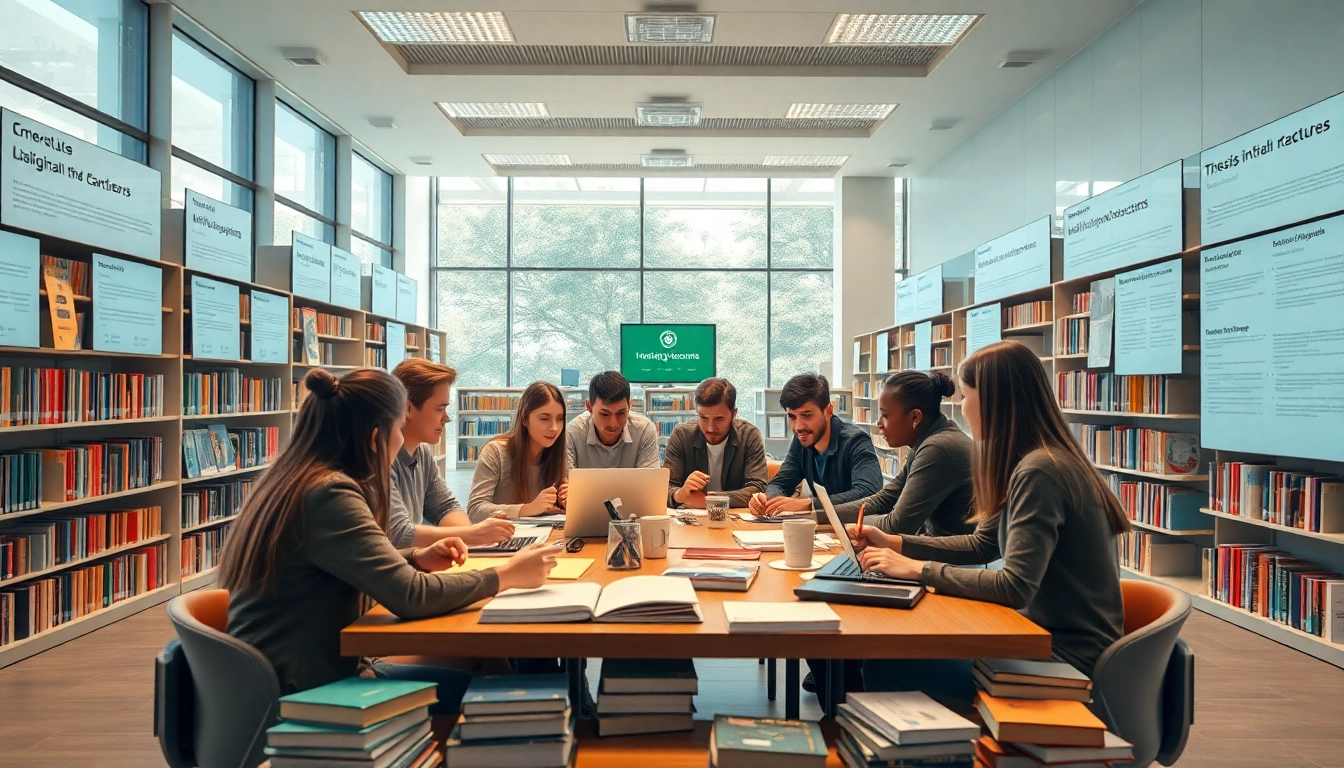 Engaged students collaborating on their 'lucrare licenta' in a modern library, emphasizing academic integrity and research.